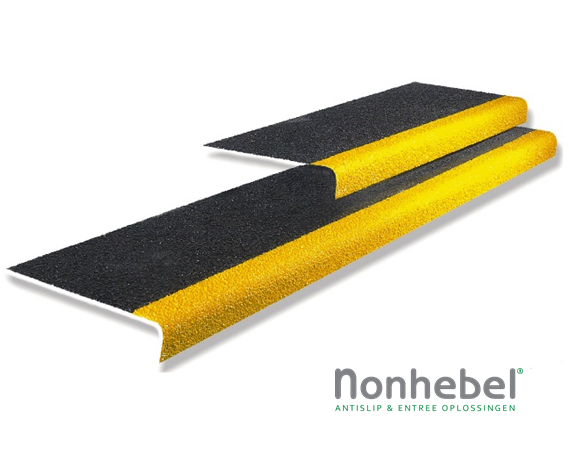 Antislip Traptrede zwart met gele neus, diverse afmetingen en uitvoeringen - Nonhebel